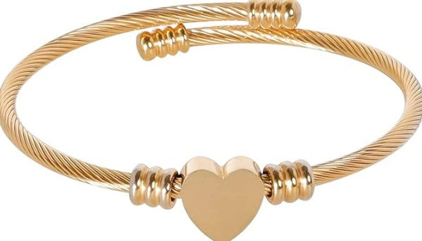 Gold Heart Cable Bangle Bracelet