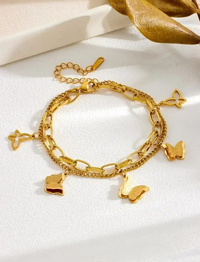 Gold Butterfly Charm Layered Chain Bracelet 18k Gold Plated