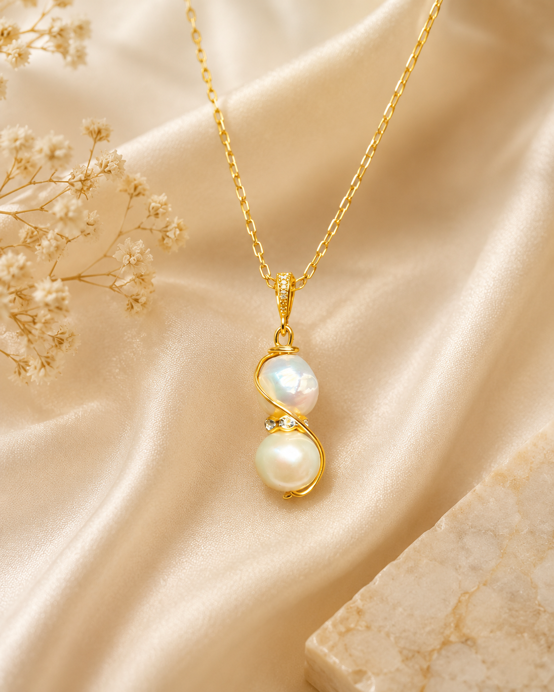 Genuine White Freshwater Pearl Duo Caged Necklace