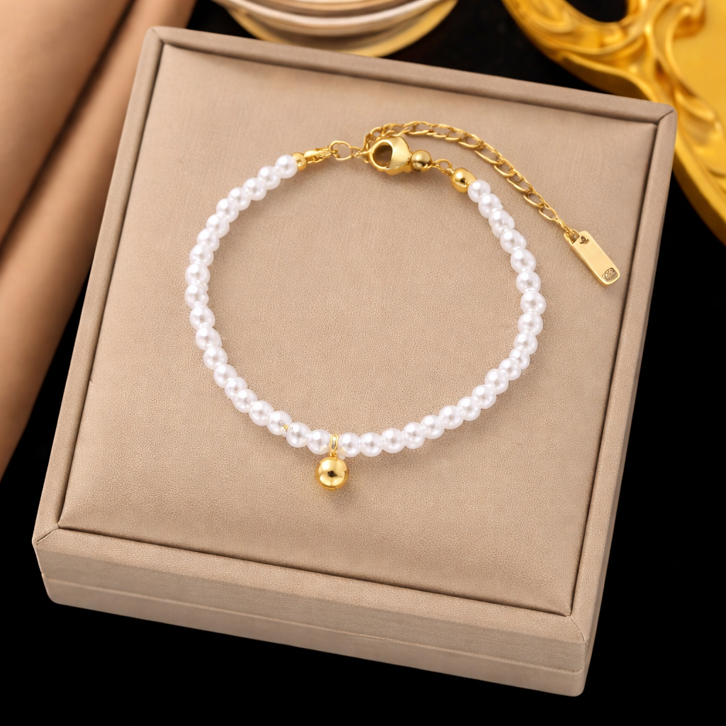 Classic White Pearl Bracelet with Gold Charm