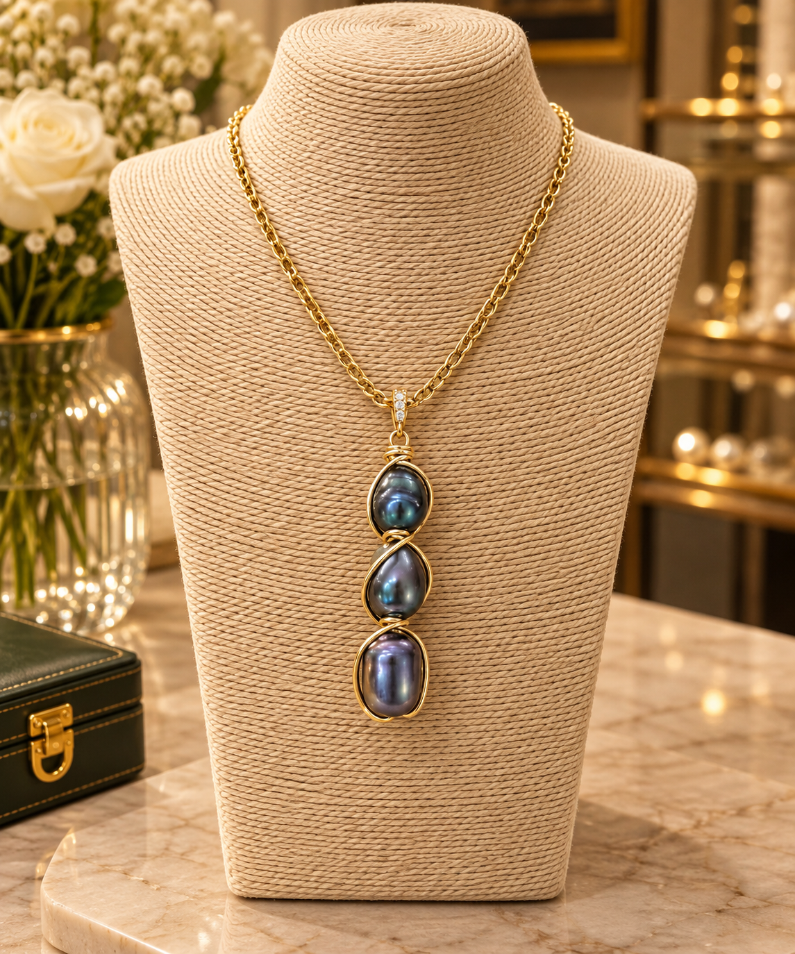 Genuine Natural Pearl Triple Caged Necklace