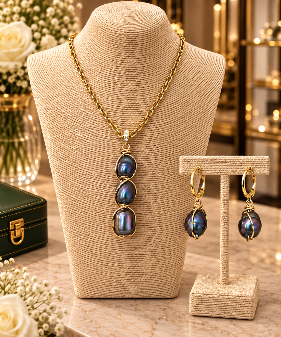 Genuine Natural Pearl Triple Caged Necklace & Earrings