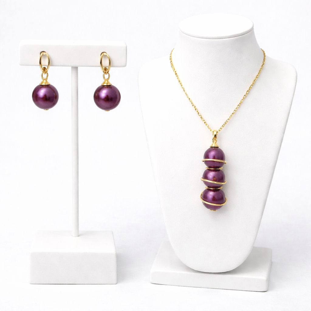 Royal Plum Pearl Set – Gold Necklace & Drop Earrings