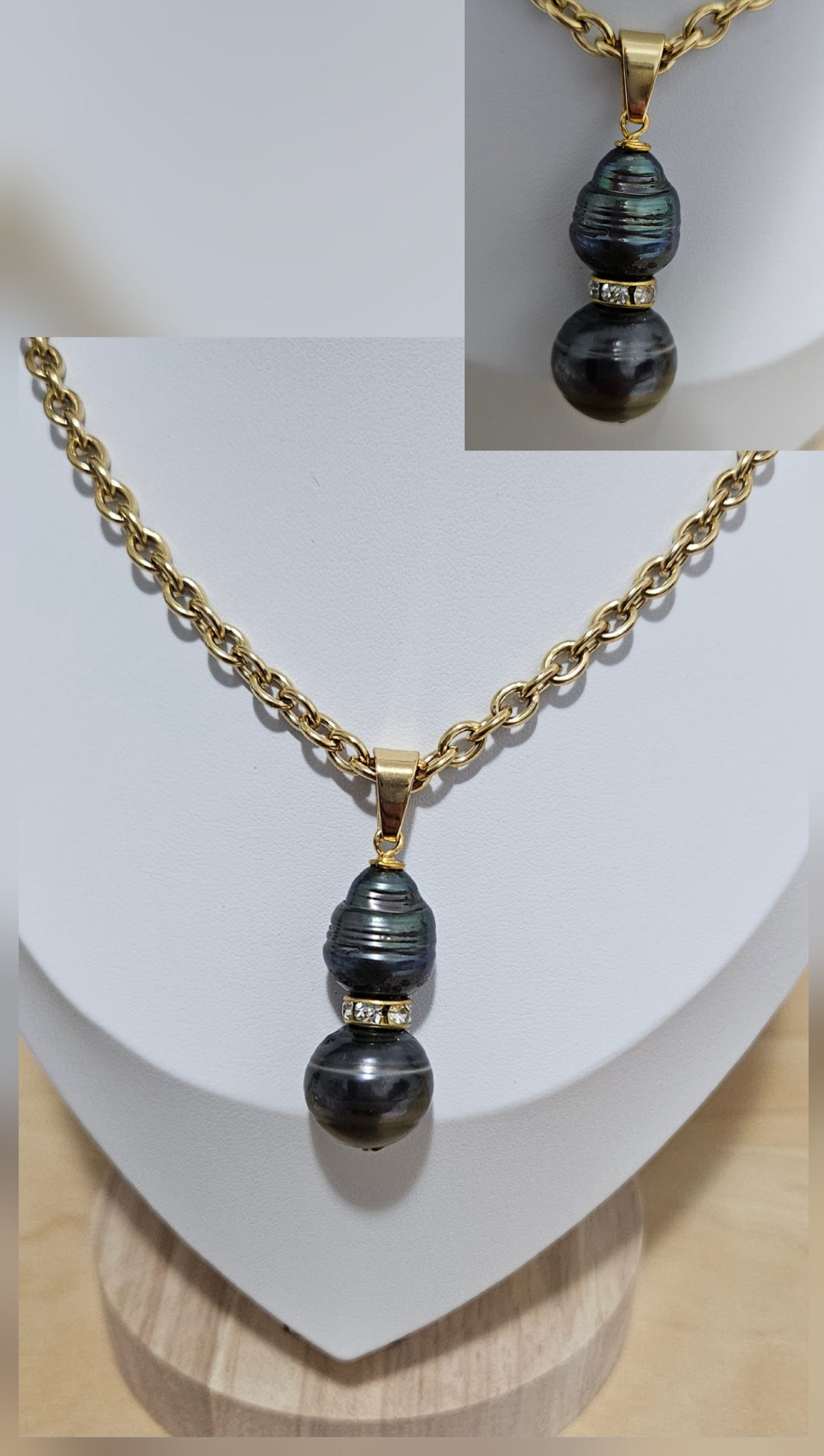 DIANA - 12 -13mm Authentic Duo Tahitian Pearls Pendant with CZ Spacers + Non tarnish and waterproof belcher chain