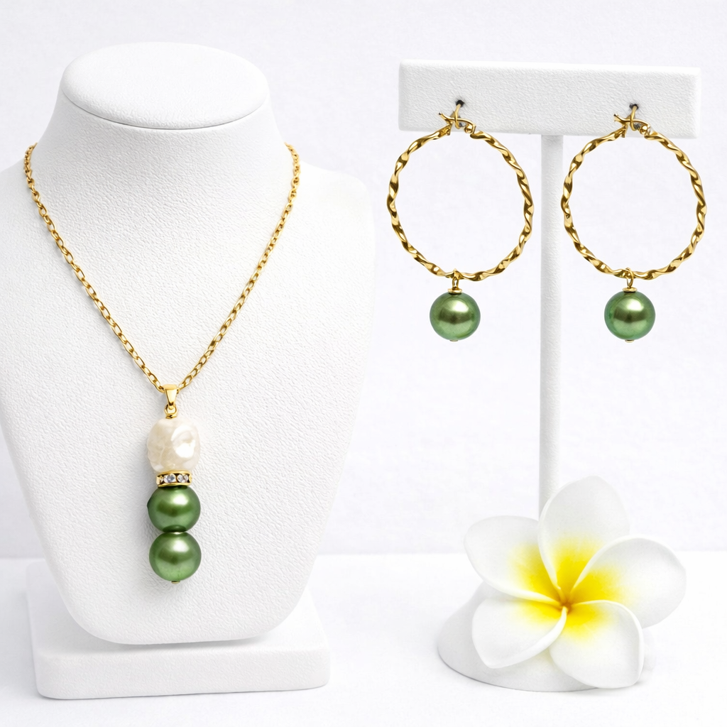 Emerald Island Pearl Set – Gold Hoop Earrings & Pendant Necklace