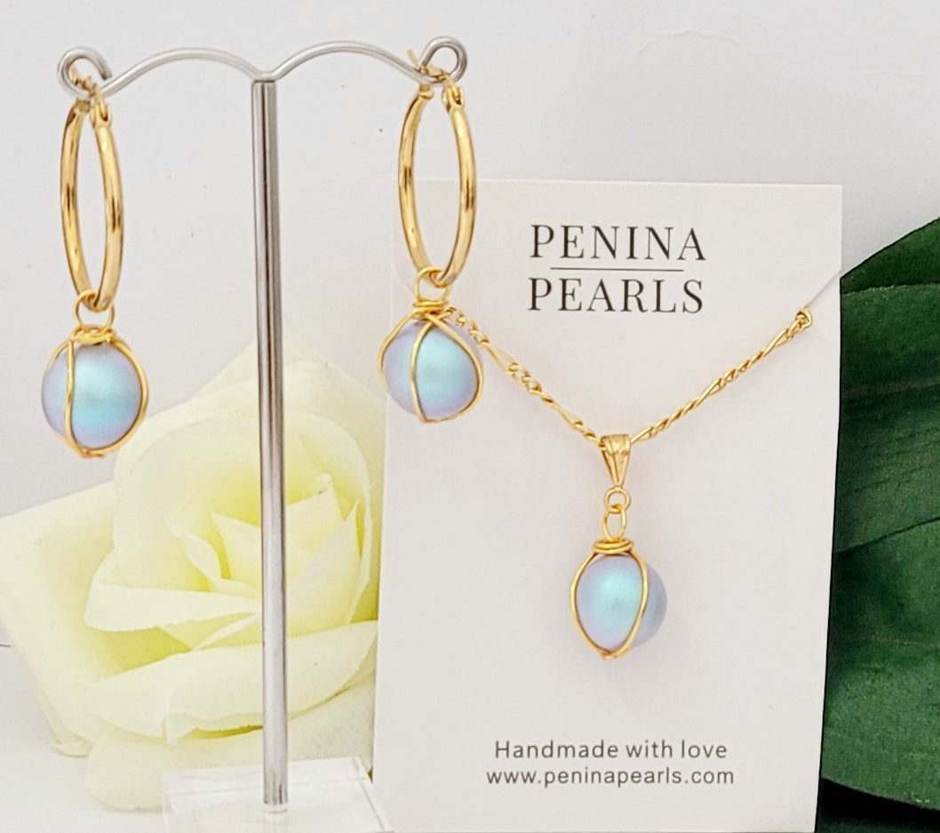 LILLY - Iridescent Blue Swarovski Caged Pearl Set