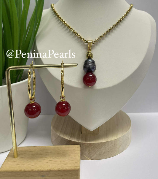 Zia -Red Gem with Tahitian Pearl Set