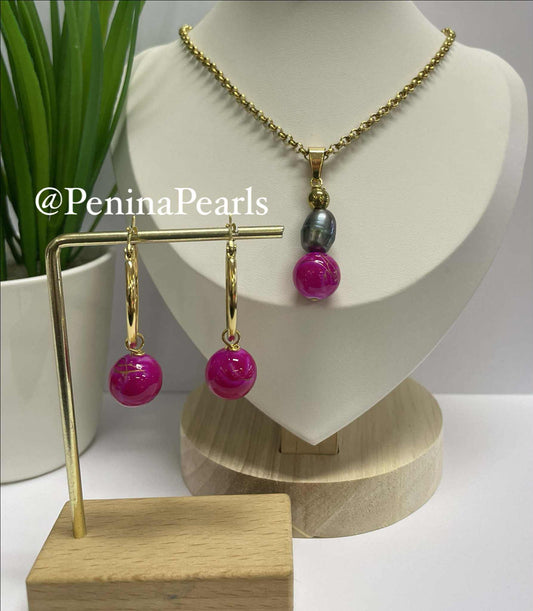 Junia - Pink gem Stone with Tahitian pearl Set