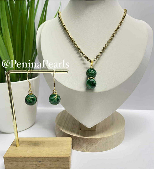 Liora - Duo Green Marble Gem Stone Pearl Set