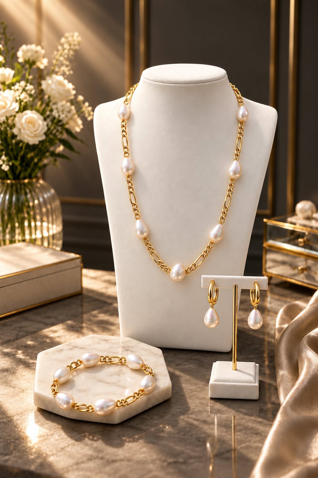 Elegant Freshwater Pearl & Gold Figaro Chain Jewellery Set