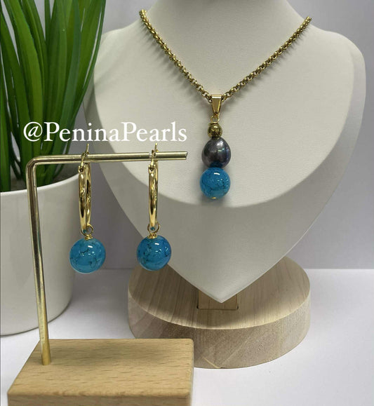Zoe - Blue Gem Stone with Tahitian Pearl Set