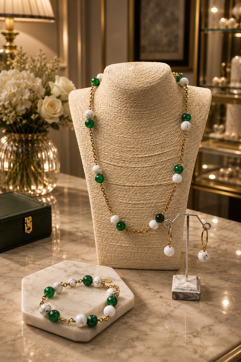 Green & White Marble Gem Stone Full Set