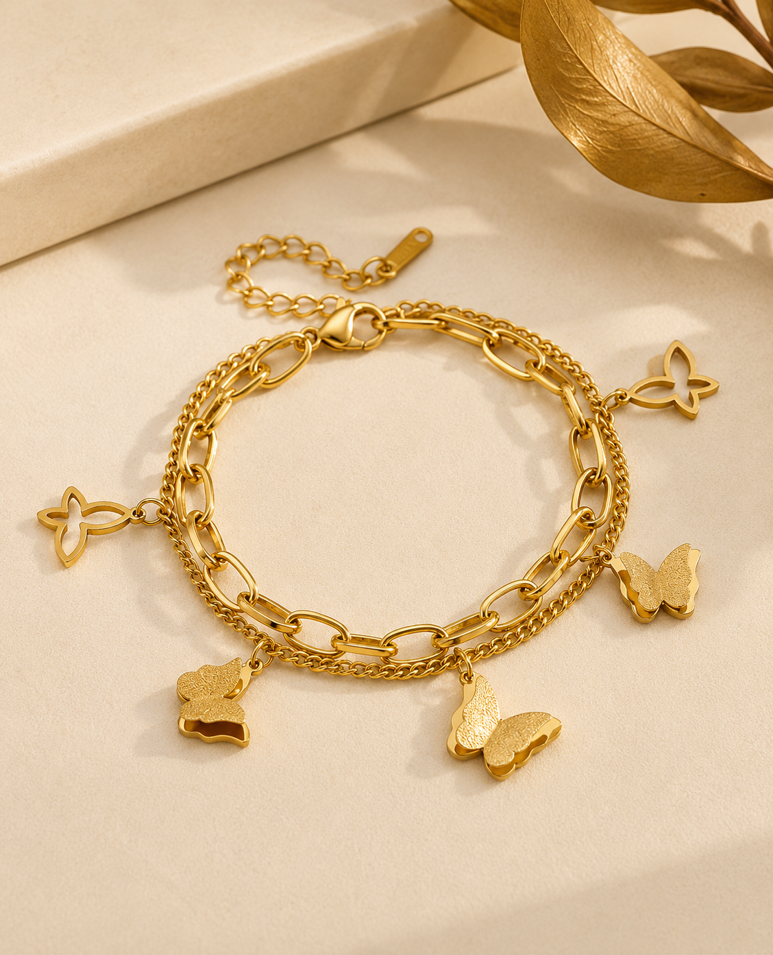 Gold Butterfly Charm Layered Chain Bracelet 18k Gold Plated
