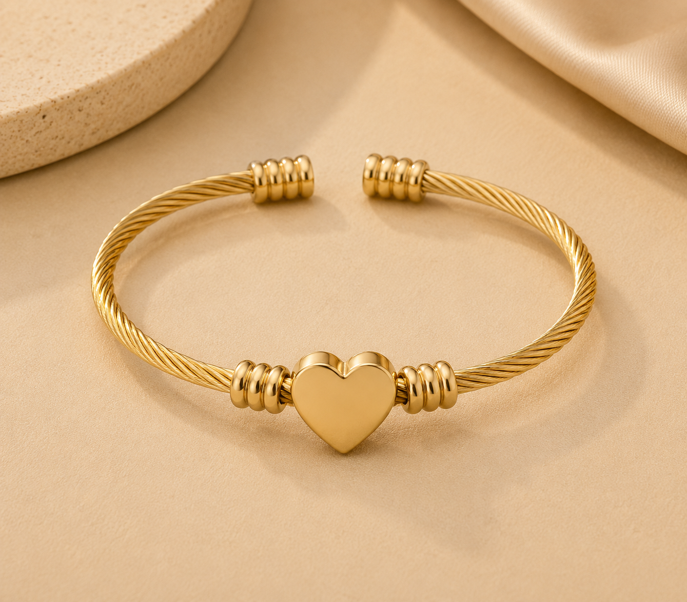 Gold Heart Cable Bangle Bracelet