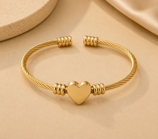 Gold Heart Cable Bangle Bracelet