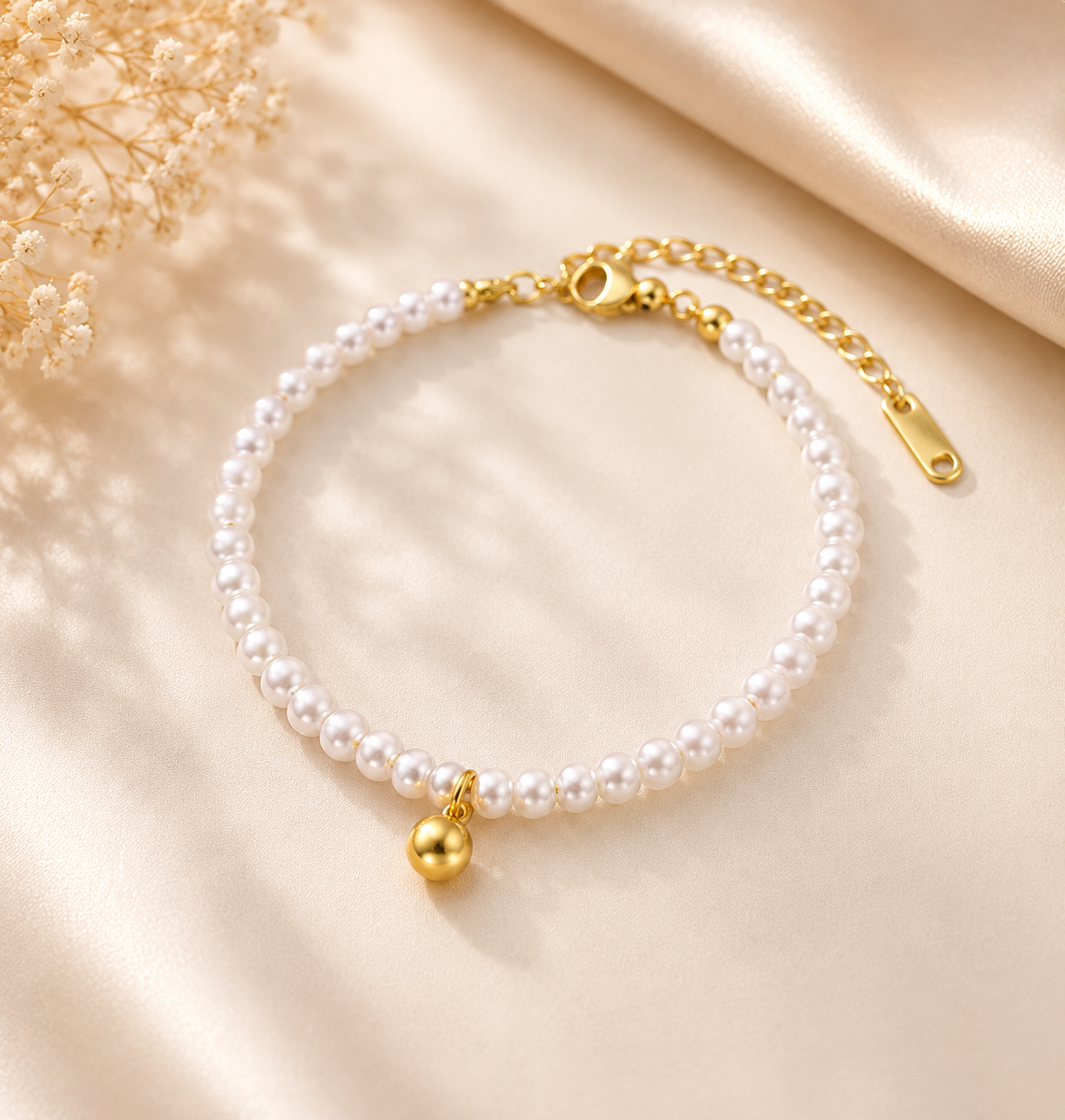 Classic White Pearl Bracelet with Gold Charm