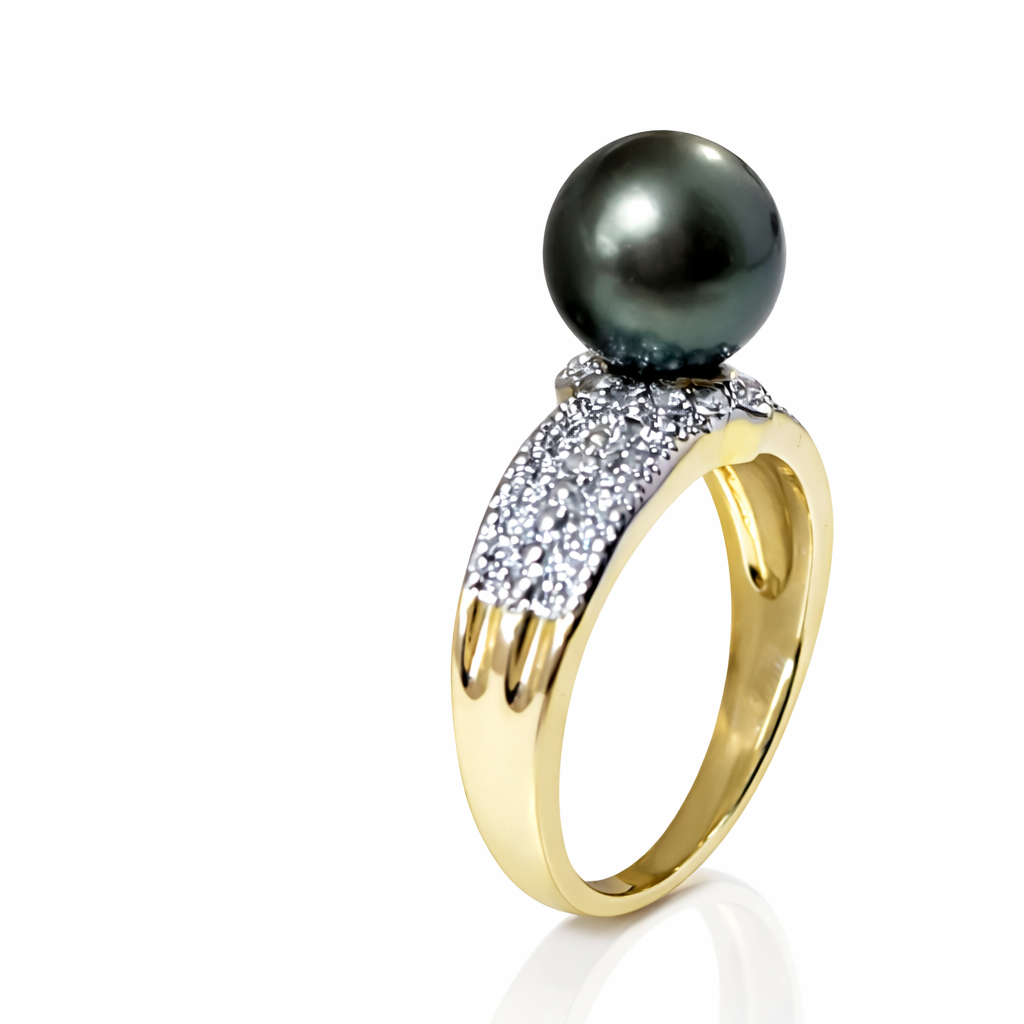 MARIDA - Authentic Tahitian Green Pearl with Zirconia Ring Band