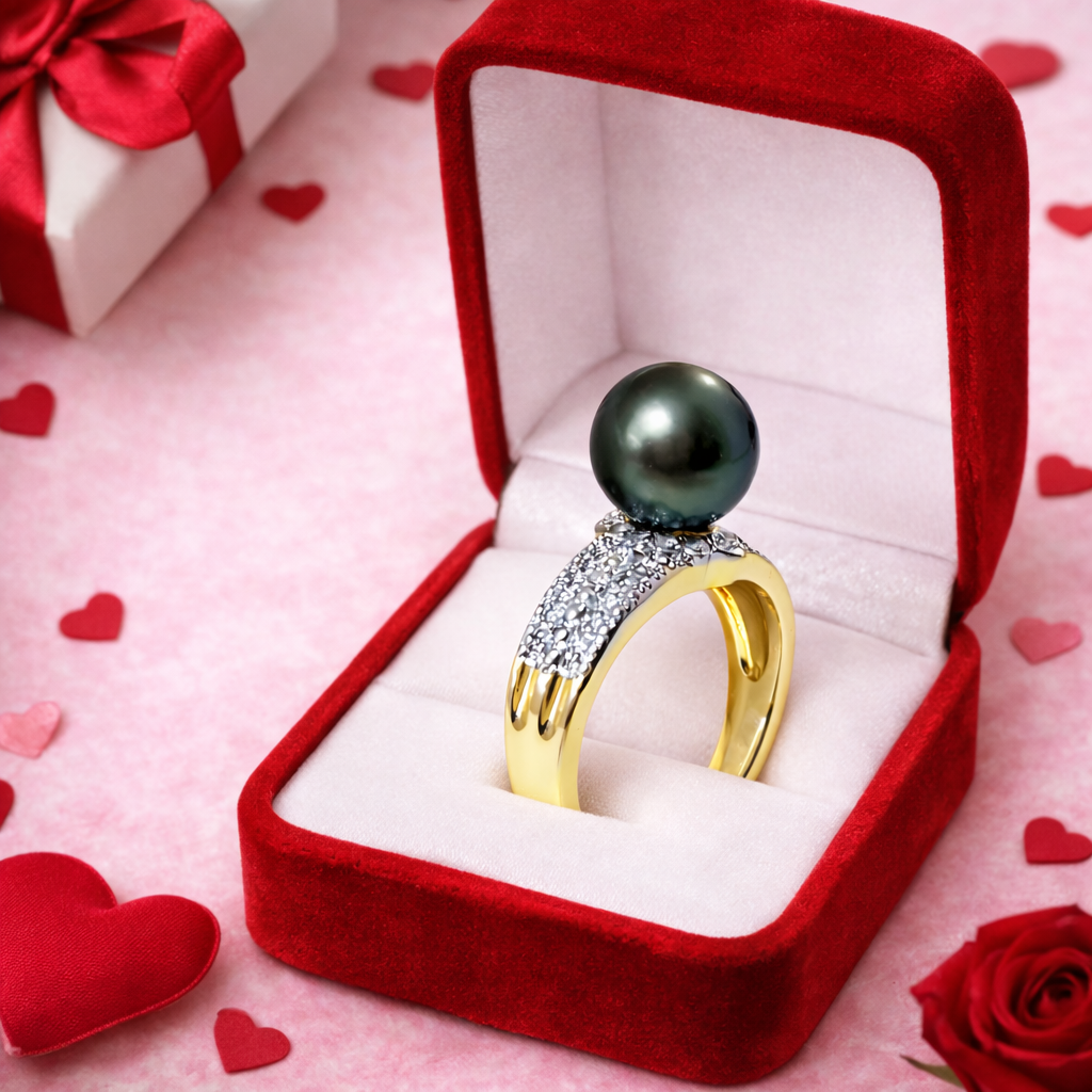 MARIDA - Authentic Tahitian Green Pearl with Zirconia Ring Band