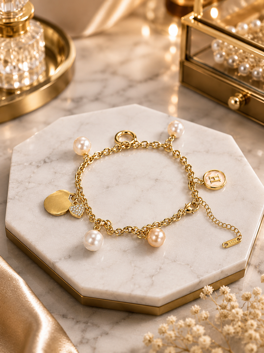 Pearl & Initial Heart Charm Bracelet