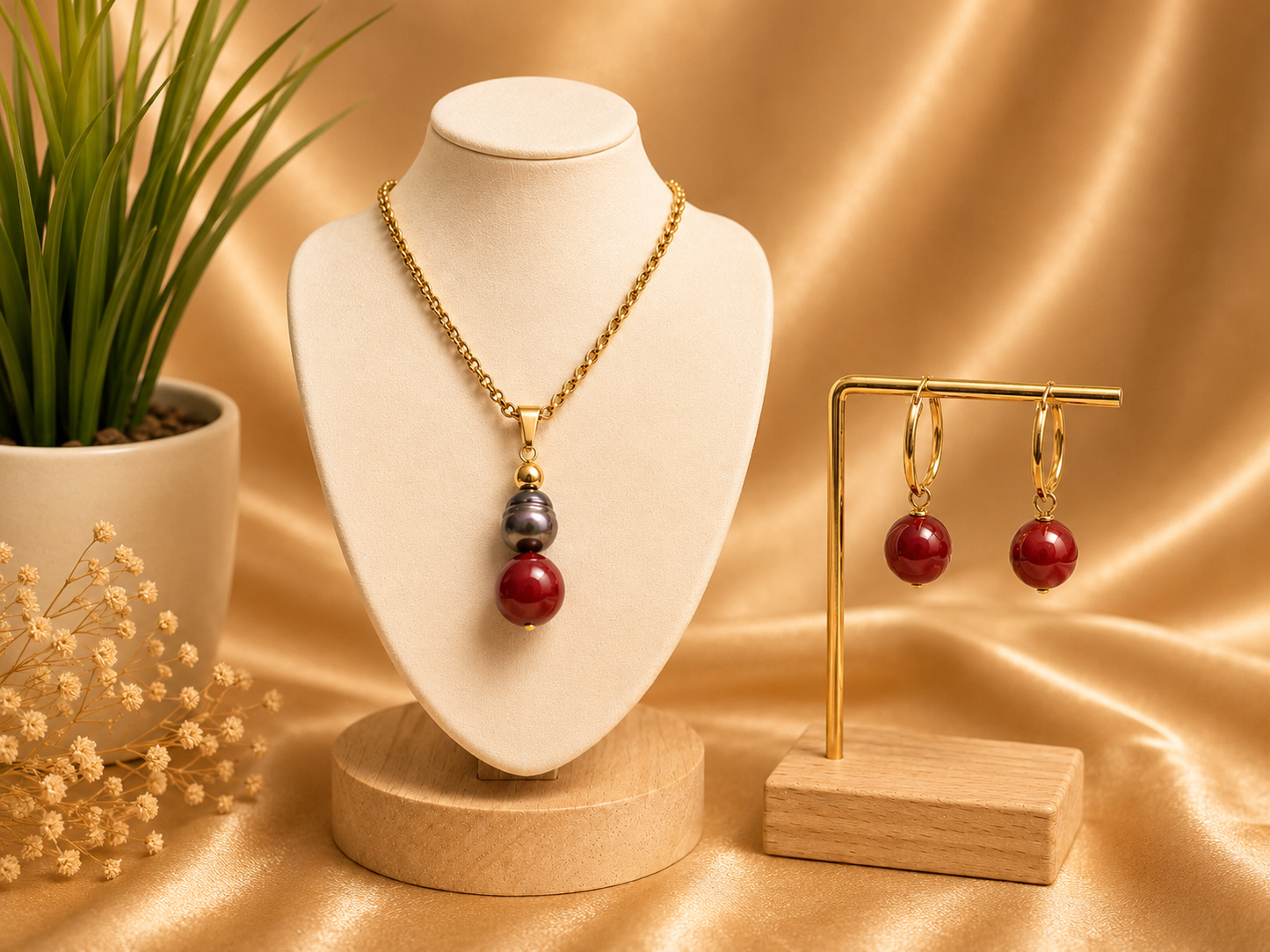 Junia - Pink gem Stone with Tahitian pearl Set