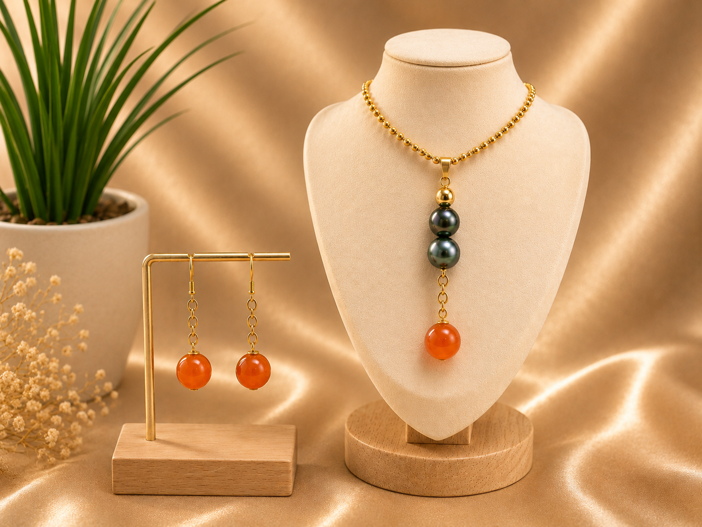 Talia - Tahitian and Orange Gem Stone Pearl Set