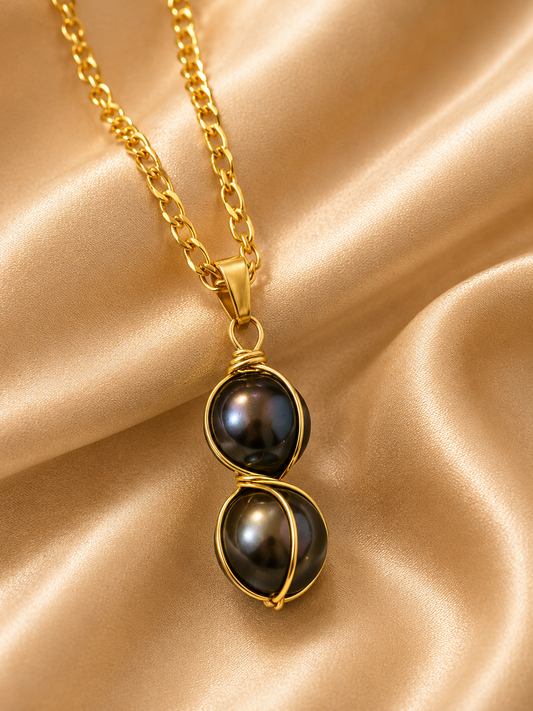 DVITA - DUAL CAGED DESIGN TAHITIAN PEARL NECKLACE - 14K GF
