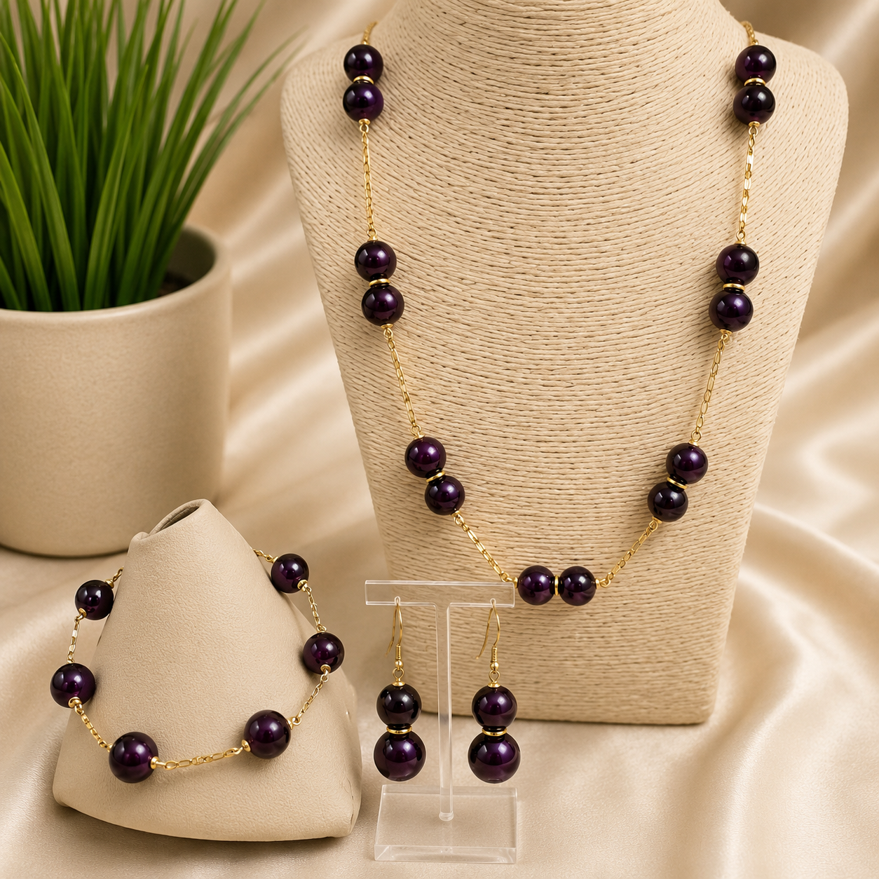 Maroon Stunning Gemstones Multiple Pearl Set