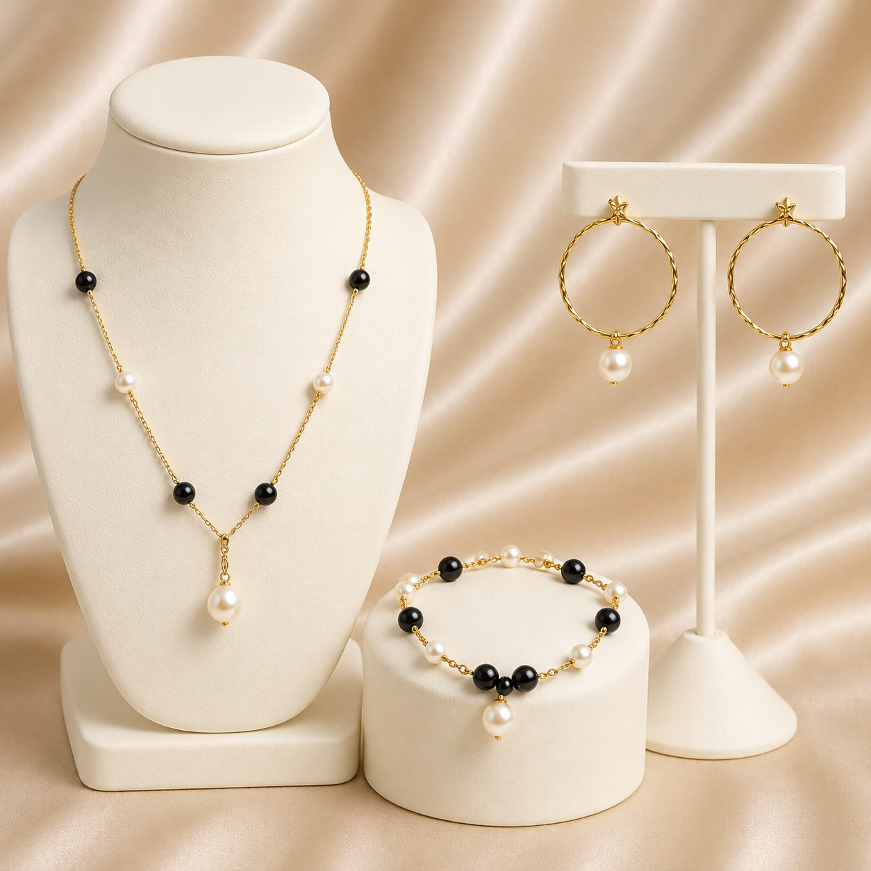 Midnight Elegance Pearl Set – Necklace, Bracelet & Hoop Earrings