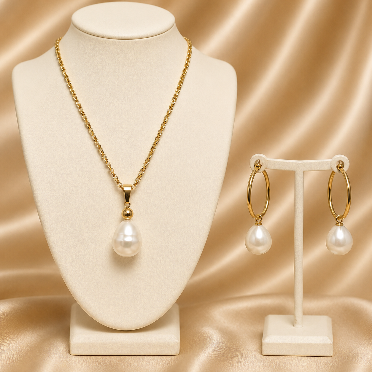 White Shell Pearl Set: Classic Gold Elegance