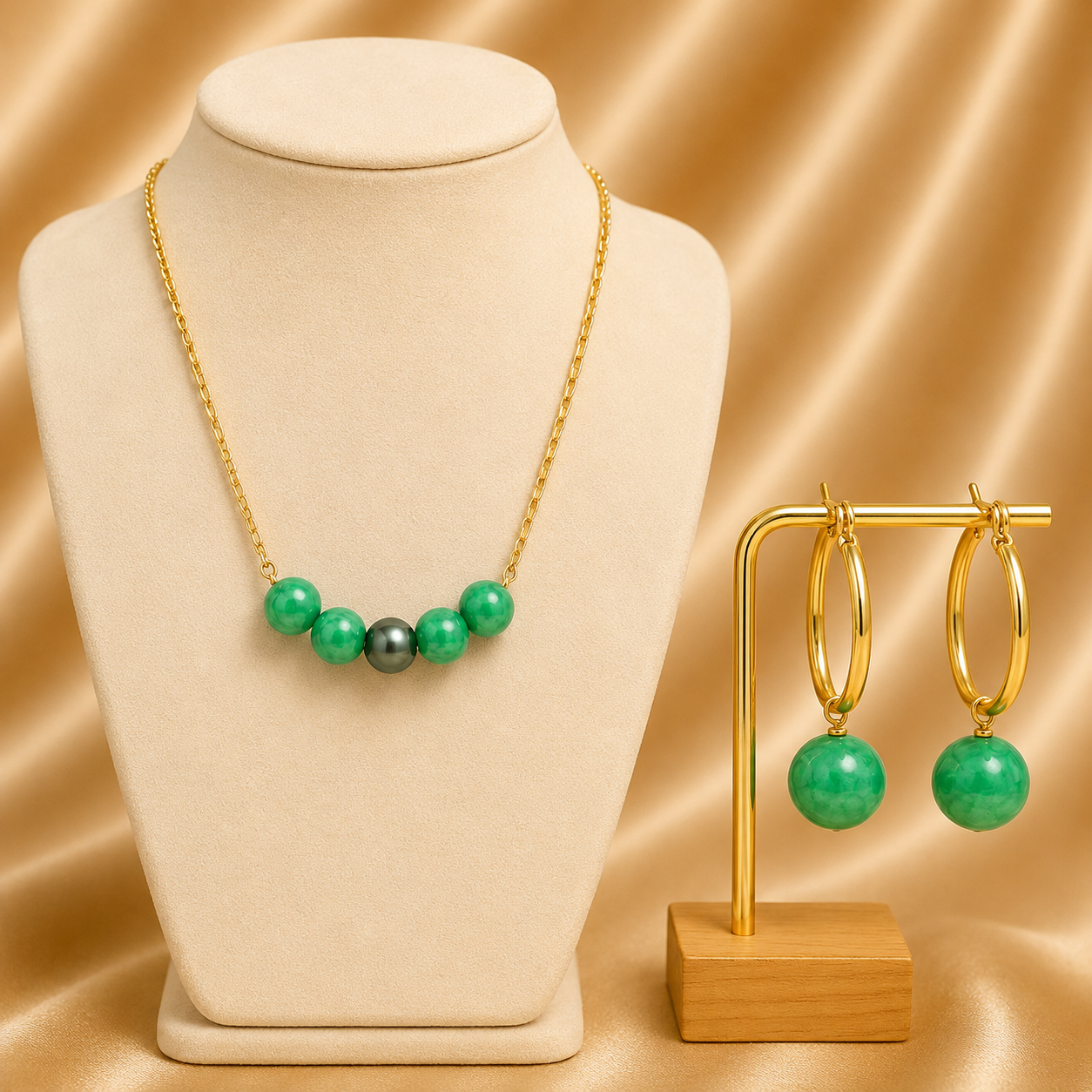 Premium Green Gemstone with Black Swarovski Pendant Set – Solid 14K Gold-Filled
