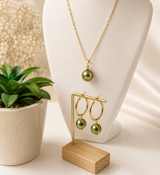 Single Caged - Olive Green Swarovski Pearl's set