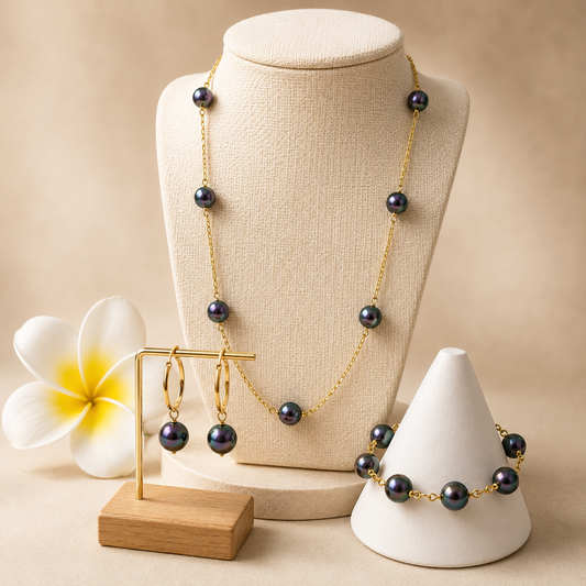 Iridescent Purple Multiple pearl necklace - 12mm Swarovski Pearl Full Set With 14K GF