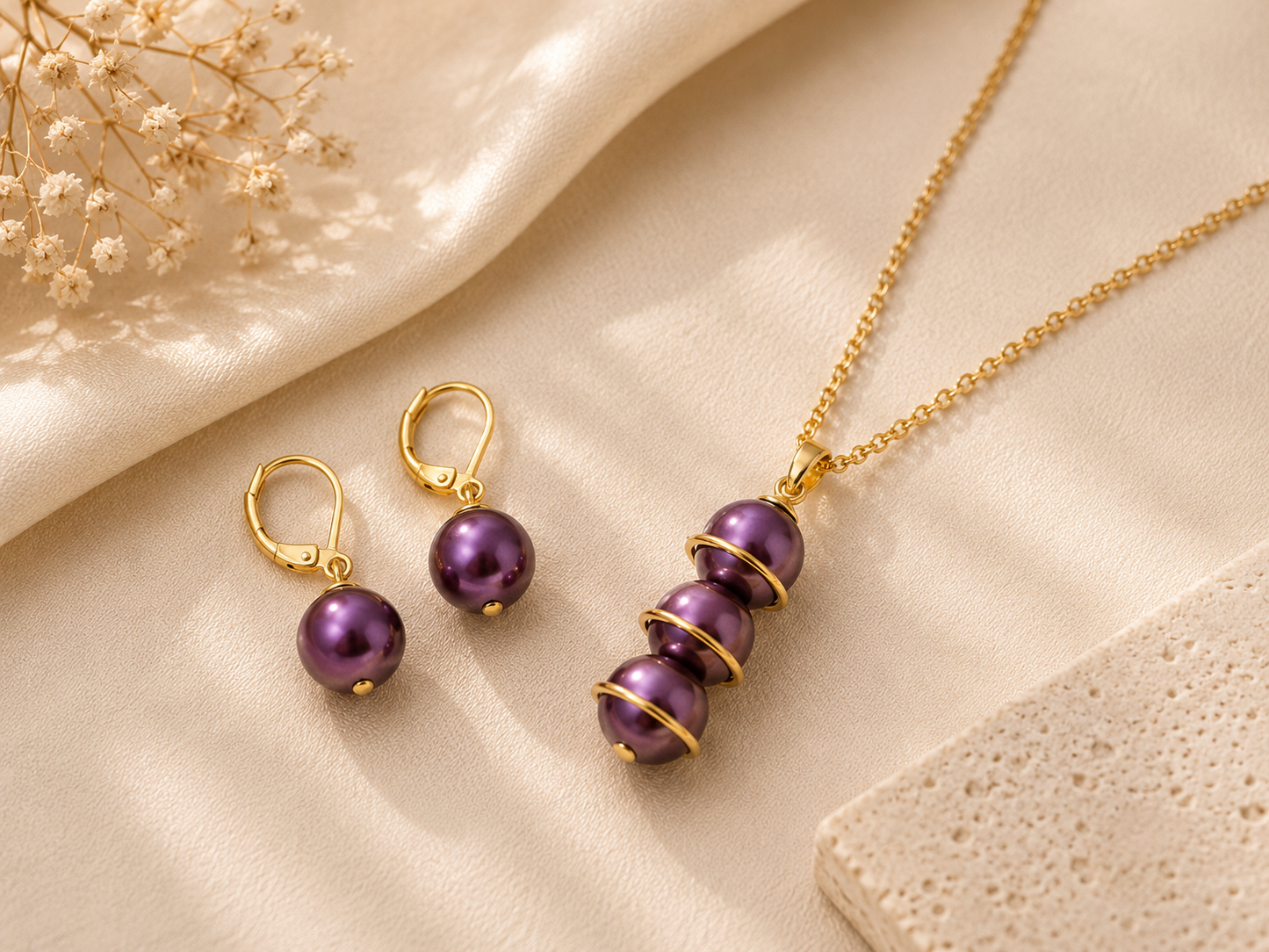 Royal Plum Pearl Set – Gold Necklace & Drop Earrings