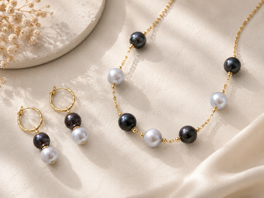 Classic Black & Iridescent Blue Pearl Set – Effortless Sophistication