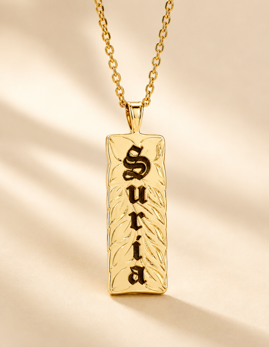 Personalised Name Engraved Leaf Pattern Pendant Necklace