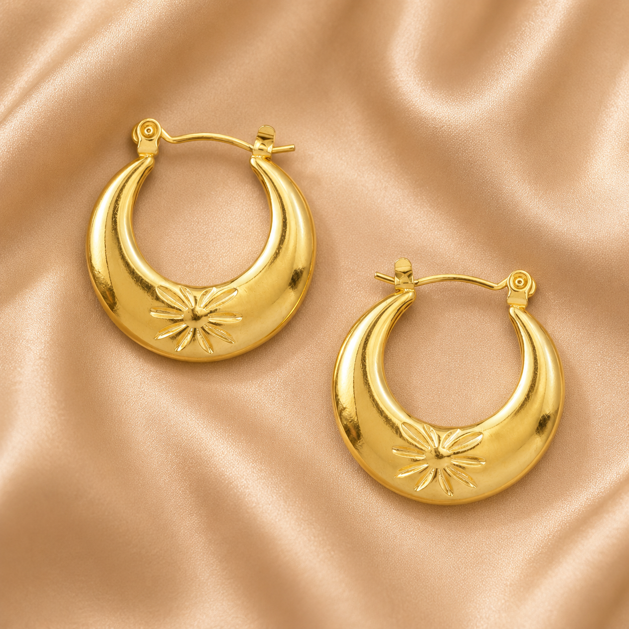 Waterproof Gold Sunburst Crescent Hoop Earrings 18k Gold Plated