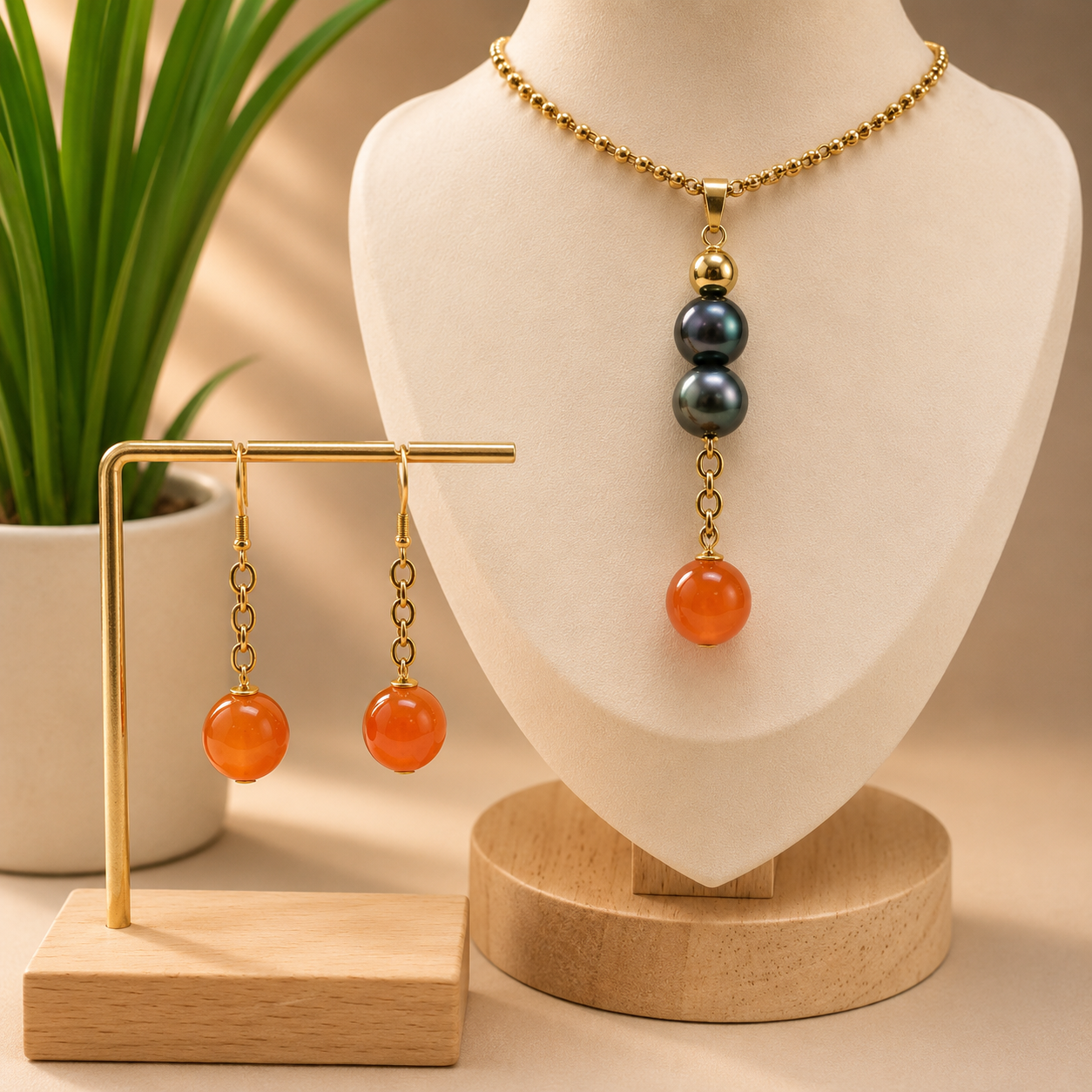 Talia - Tahitian and Orange Gem Stone Pearl Set