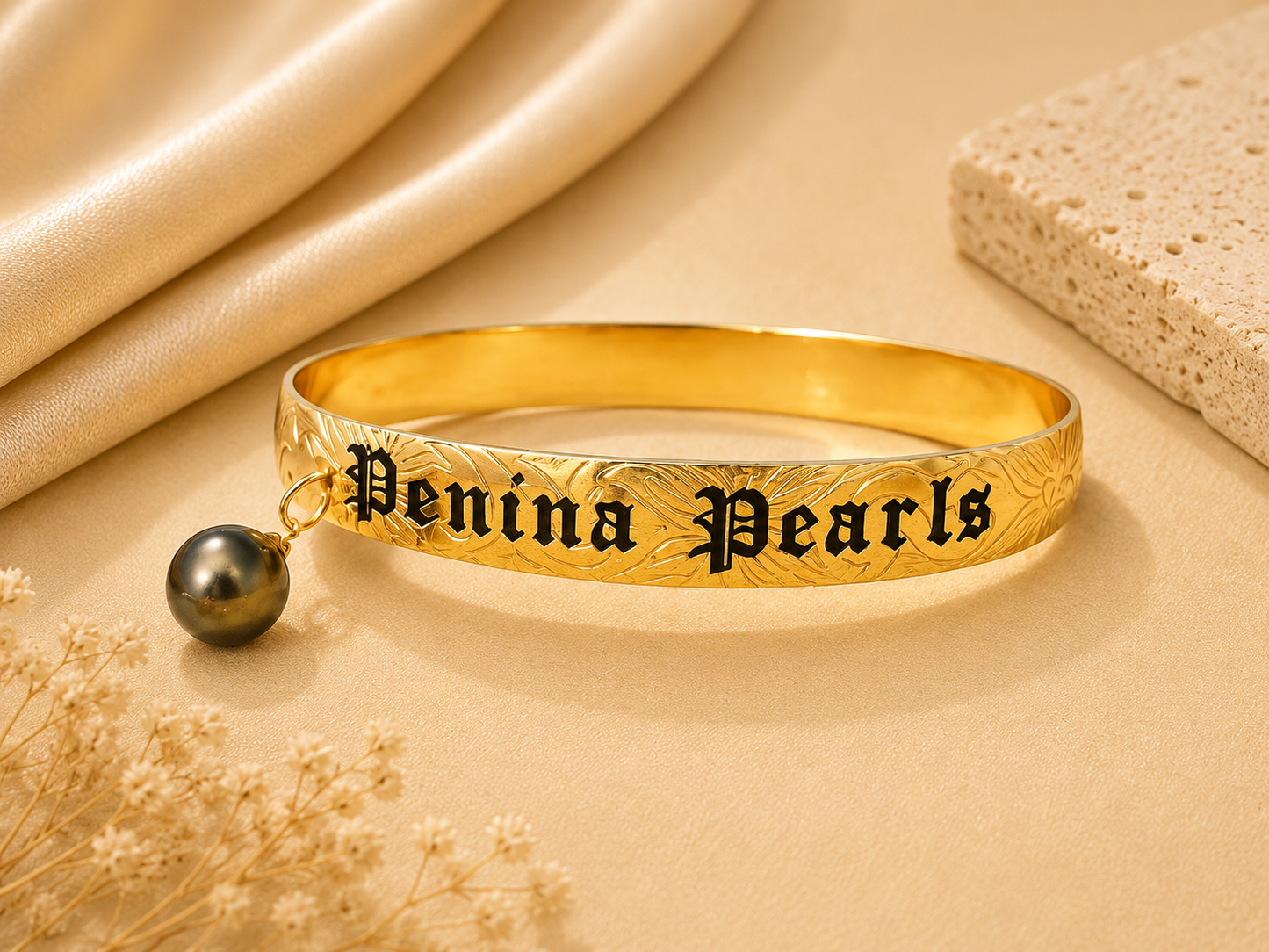 Tahitian Elegance – Custom-Name Gold Bangle