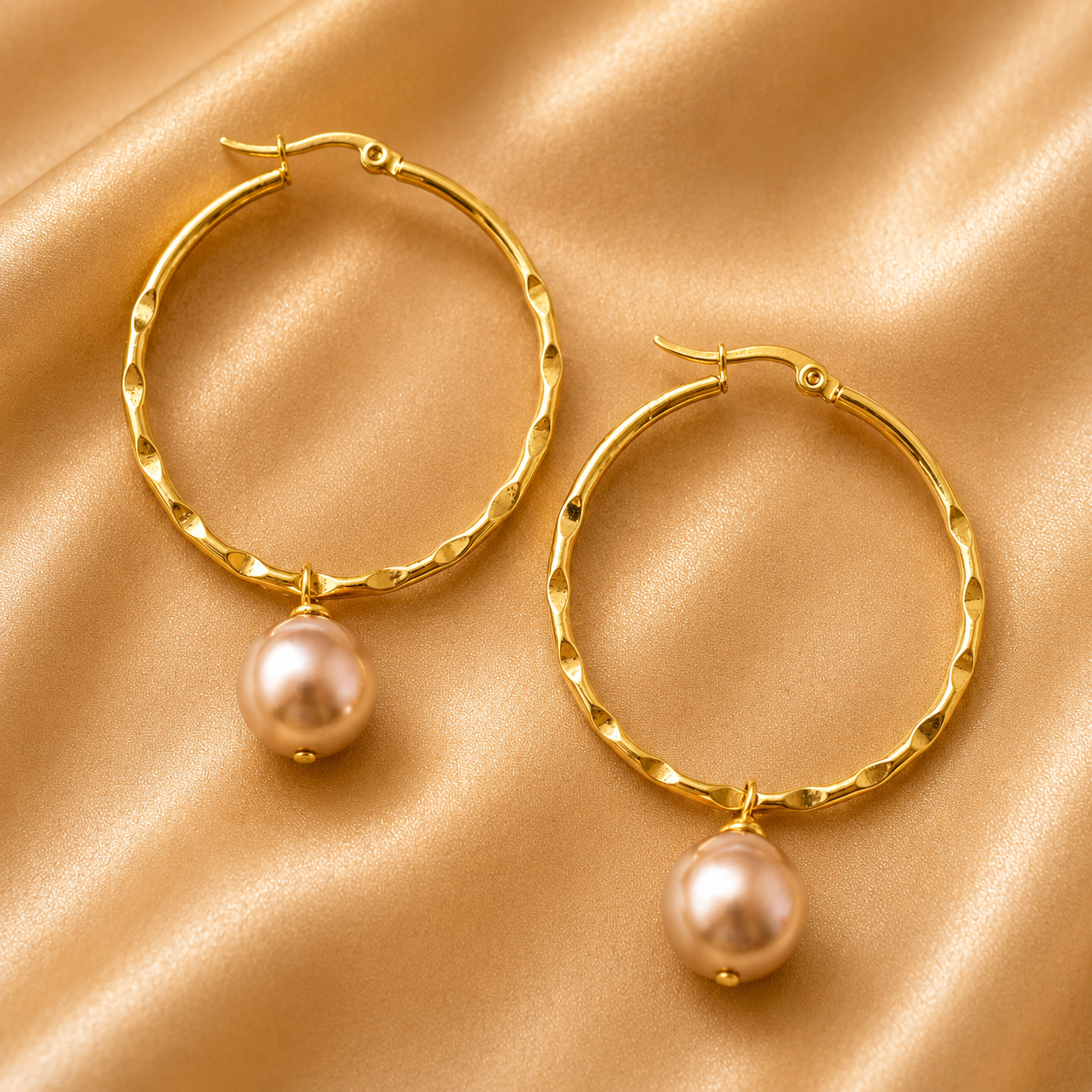 CARTIA EARRINGS - Swarovski Pearl Earrings Large Hoop Hammered - Multicolour Variety