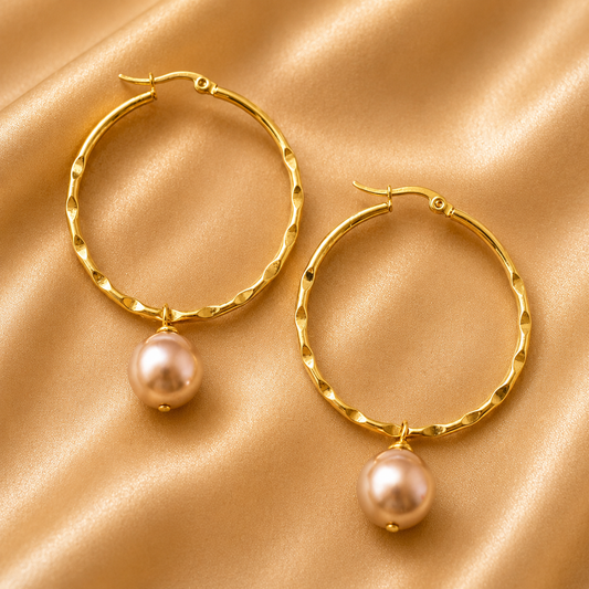 CARTIA EARRINGS - Swarovski Pearl Earrings Large Hoop Hammered - Multicolour Variety