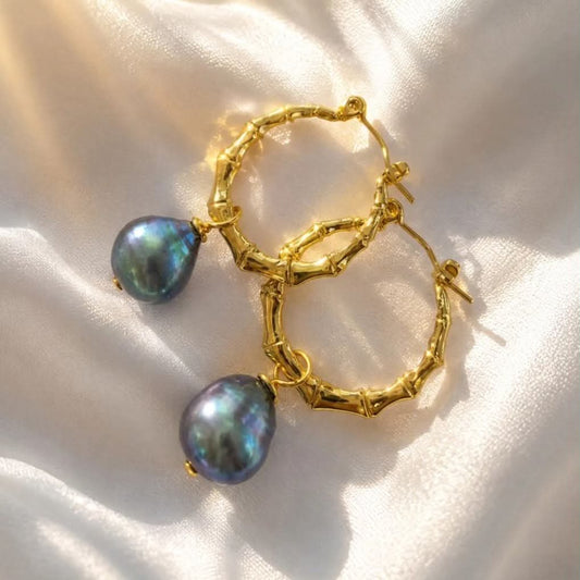 Tahitian Pearl Gold Bamboo Hoop Earrings