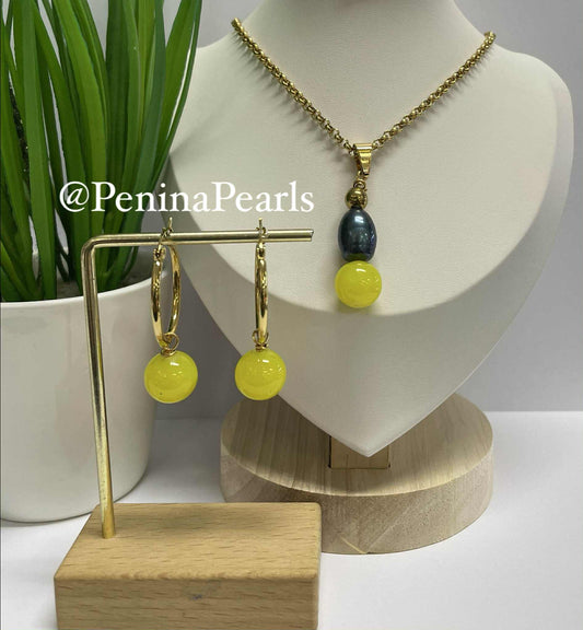 Aphina - Yellow Gem stone with Tahitian Pearl Set