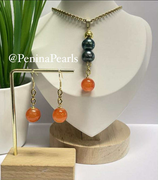 Talia - Tahitian and Orange Gem Stone Pearl Set
