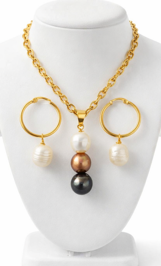 Alohi: 12 -13mm Tahitian Pearl (Black) set blending with Freshwater (White) & Swarovski (Gold/Brown) + Waterproof belcher chain