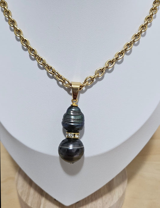 DIANA -  12 -13mm Authentic Duo Tahitian Pearls Pendant with CZ Spacers + Non tarnish and waterproof belcher chain