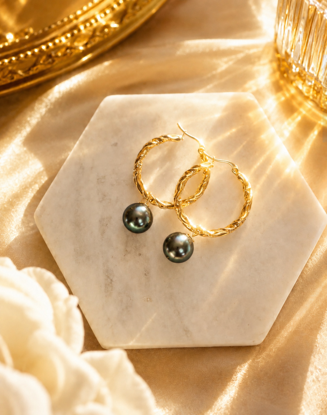 ✨ Black Pearl Gold Hoop Earrings ✨