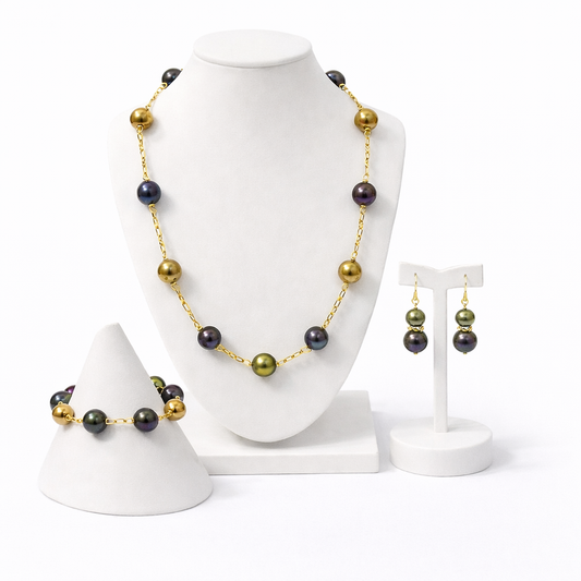 Peacock Green & Gold Pearl Set – Bold Elegance with Island Grace