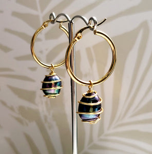 OLIANA - Black Caged Pearl Hoop Earrings