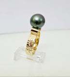 MANINO TAHITIAN - Authentic Natural Tahitian Pearl Ring with Engraved Band