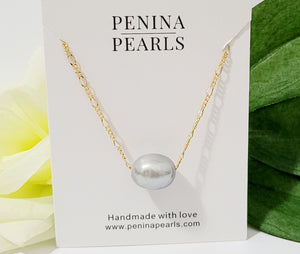 Single Silver Natural and Premium Silver Grey Floating Pearl Necklace, 13mm